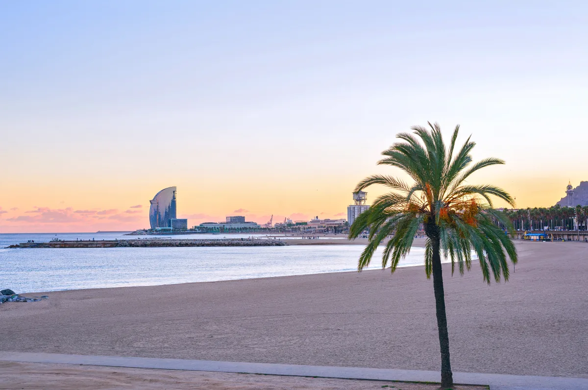 Ein Stadtstrand Barcelonas im Abendlicht