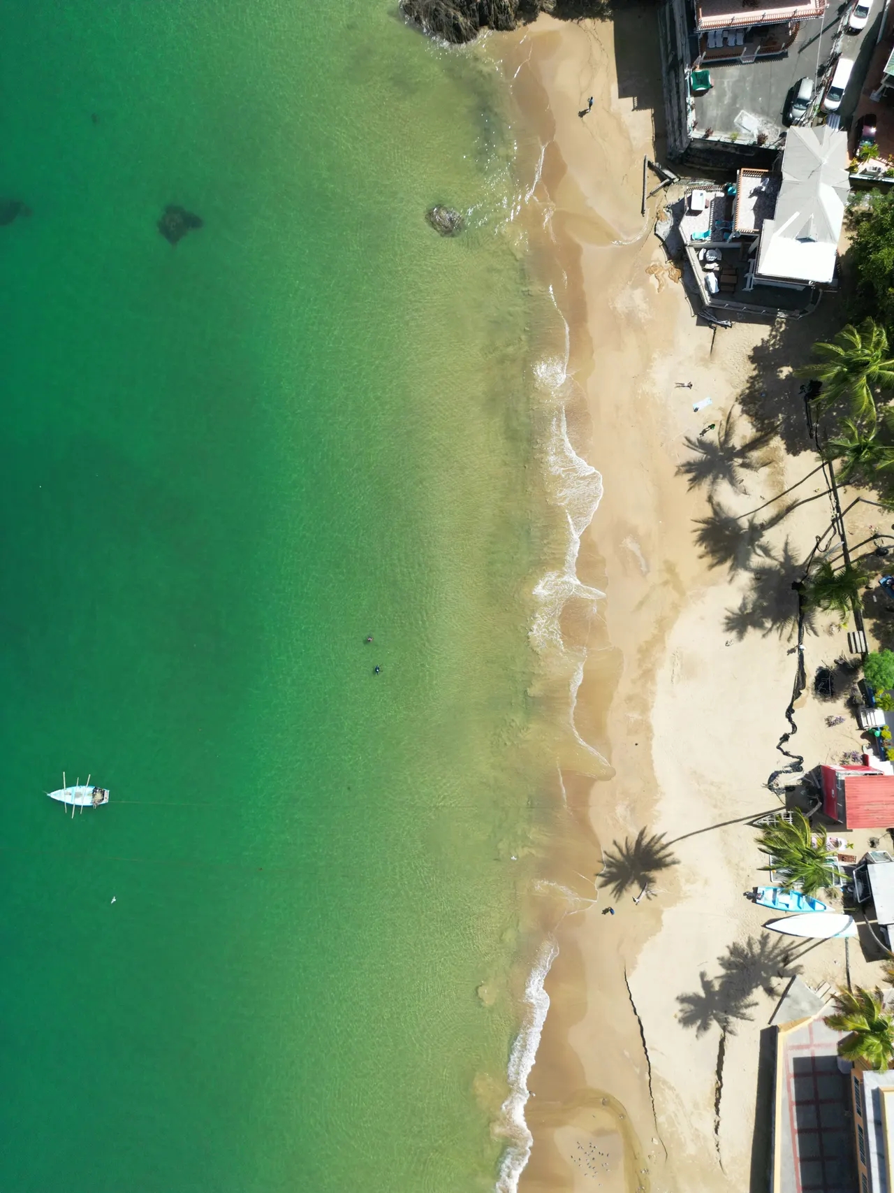 Strand mit Boot auf Tobago aus der Luft