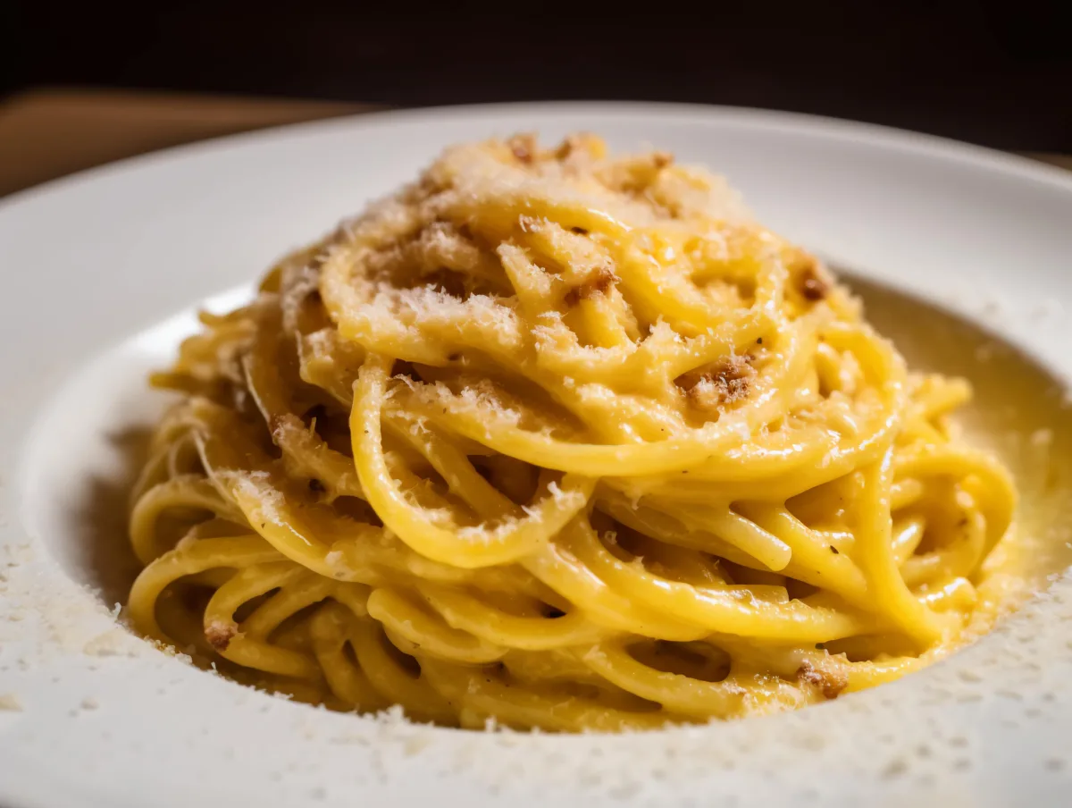 Ein Teller Spaghetti mit Käse und Pfeffer