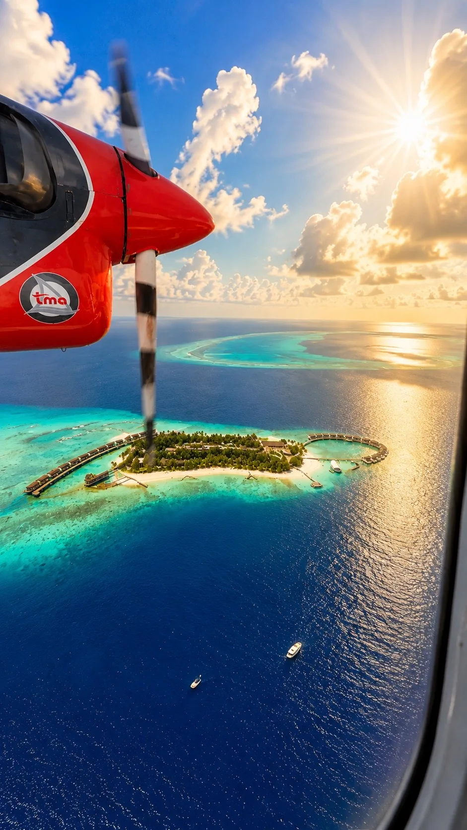 Blick aus dem Wasserflugzeug auf eine Insel im Baa Atoll